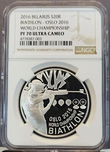 2016 BELARUS SILVER 20 ROUBLES BIATHLON CHAMPIONSHIP OSLO NGC PF 70 ULTRA CAMEO - Picture 1 of 3