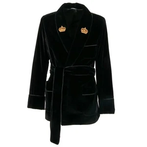 DOLCE & GABBANA Gold Pearl Crown Velvet Robe Blazer Coat Jacket Black 50 M L - Picture 1 of 7