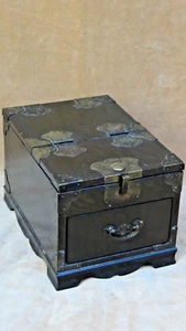ANTIQUE CHINESE TRAVELING BOX, BRASS DECORATION,DRAWER,RED VELVET LINER 12" LONG - Picture 1 of 7