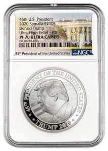 2020 Somalia Silver 200 Shillings -Donald Trump UHR PF-70UC FDOI NGC 2oz .999 - Picture 1 of 2