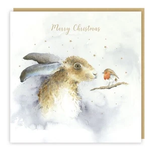 Luxury Christmas Cards Hare & Robin in Snow Sparkle Foil Finish Pack of 5 - Picture 1 of 2
