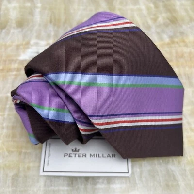 Corbata Peter Miller Doblada a Mano Marrón Lavanda Multicolor Rayas Hecha a Mano Cuello Seda Foto 1 de 4