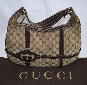 Vintage Gucci GG Royal Canvas & Leather Hobo Dark Brown Zip Bag Purse ~ US6 - Picture 1 of 17