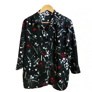 White Stag Women's Black Abstract Geometric Print Button Down Top Blouse 1X 16W - Picture 1 of 13