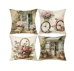 Set of 4 Floral Cushion Covers "Pink Roses in the Garden" Design, Invisible Zip - Picture 1 of 8