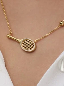 Tennis Racket Pendant Necklace 18K Gold-Plated with Rhinestones Luxury Sports  - Picture 1 of 7