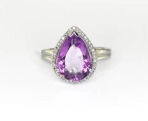 5.0 Carat Pear Shape Amethyst and Diamond Accent Sterling Silver Ring Size 7 - Picture 1 of 3
