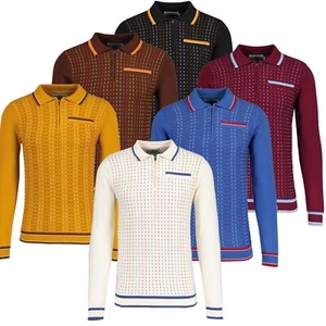 NEW MADCAP MOD 60s 70s JACQUARD KNIT RETRO Zip Neck POLO SHIRT Coltrane MC1039 - Picture 1 of 32