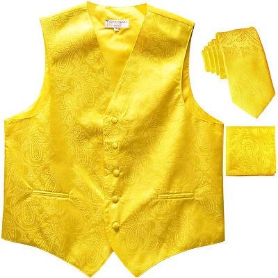New Men's Formal Vest Tuxedo Waistcoat_2.5" necktie set paisley wedding Yellow - Image 1 of 4