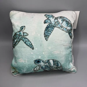 Coastal Collection Beaded Sea Turtles Accent Pillow Beach Ocean Decor Blue Green - Picture 1 of 6