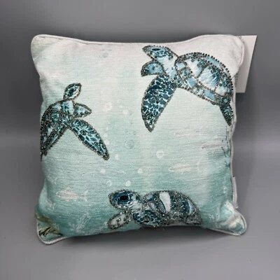 Coastal Collection Beaded Sea Turtles Accent Pillow Beach Ocean Decor Blue Green - Image 1 of 4