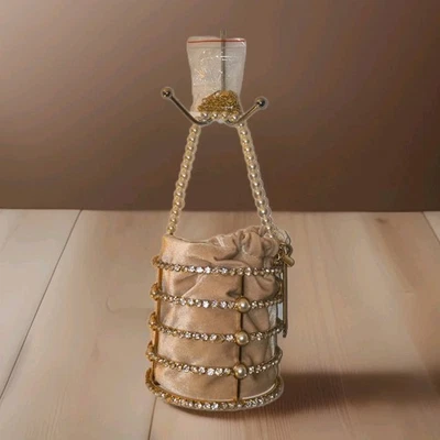 Bolso sin asas tubo con marco de metal de diamantes de imitación y perlas con cadena de monedero dorado y bolso desnudo nuevo en caja Foto 1 de 4