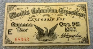 BIGLIETTO ESPOSIZIONE MONDIALE COLOMBIANA CHICAGO 9 OTTOBRE 1893 CROCCANTE QUASI NUOVO (3144) - Foto 1 di 2