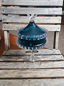 Vintage Murano italienische Kunst Glas Deckel Pfau blau Bonbon Kompott-Rigaree Rand - Bild 1 von 4