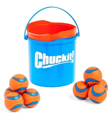 Chuckit! Ultra Ball Dog Toy 8-Pack & Cleaning Bucket, Rubber Fetch Balls Medium - Image 1 of 4