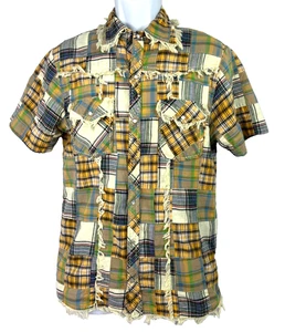 MEN AMERICA Plaid Patchwork Shirt M White Pearl Snap Short Sleeve Pockets Fringe - Picture 1 of 12