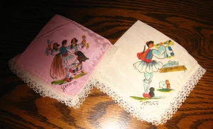Vtg. Hand painted Silky Greece Hanky Hankies Crochet Edges - Picture 1 of 5