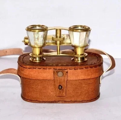 Brass Vintage Opera Glasses Mother of Pearl & Handle Brass With Leather Case - Image 1 of 4