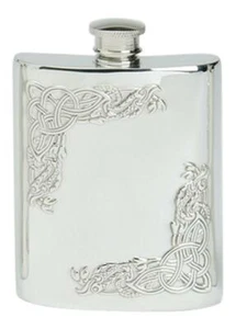 Stylish Slimline 6oz Pewter Handcast Pocket Hip Flask With Serpent Corners - Picture 1 of 2