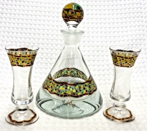 NUALART ARTESANIA  DECANTER Stopper & Cordial Glasses  GILT ENAMEL Made in Spain - Picture 1 of 7
