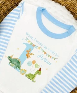 Personalised First Birthday Dino Blue Pyjamas When I Wake Up I will be (Any age) - Picture 1 of 8