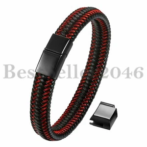 Men's Stainless Steel Magnetic Clasp Braided Cuff Leather Bracelet Bangle Wrist - Picture 1 of 17