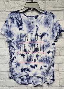 MUDD GIRLS 14 BLUE WHITE NEON PINK TIE DYE BOHO FRINGE HI-LOW CUFFED TOP TEE - Picture 1 of 14