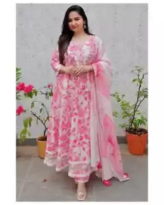 Fashion Women's Rayon Printed Anarkali Kurti Pant with Dupatta Set - Picture 1 of 6