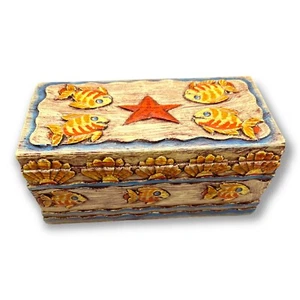 Driftwood Jewelry Trinket Box Fish Shells Hand Painted Beach Coastal Vintage - Picture 1 of 9