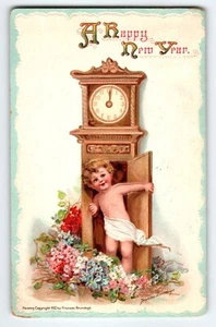 New Year Postcard Frances Brundage Baby Inside Grandfather Clock Gabriel 1912 - Picture 1 of 2