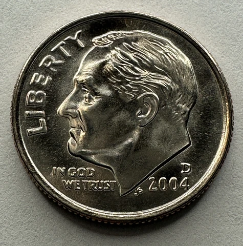 2004-D Roosevelt Dime 10cent Coin from US Mint Cellophane Set. Uncirculated Cover