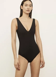 Vince Women's Nu Swim Cyn Suit M Black Sleeveless Plunge V Neckline High Legs - Picture 1 of 5