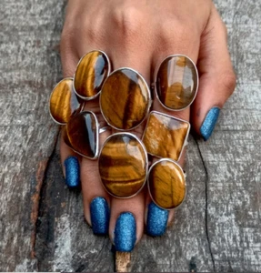 Natural Tiger Eye Gemstone Rings, Bulk Lot, Wholesale Jewelry Lot, Bezel Rings~ - Picture 1 of 3