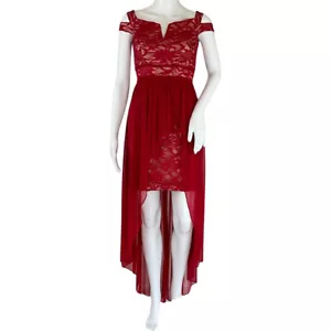 Morgan & Co Women's Chiffon High Low Off Shoulder Gown High Low Dress Red Sz 1 - Picture 1 of 8