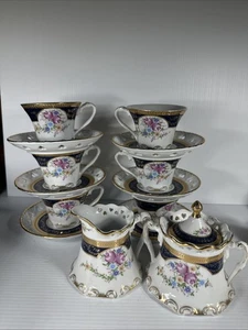 SET DA TÈ 15 pezzi di Sorelle fine porcellana 'ROSE, oro e blu cobalto - Foto 1 di 15