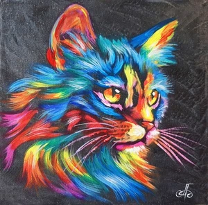Original Vibrant Cat Portrait Acrylic Painting Canvas Colorful Animal Wall Art - Picture 1 of 24