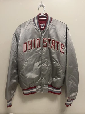 Jaqueta iniciante rara vintage anos 80 Ohio State Buckeyes prata cetim G  - Imagem 1 de 4