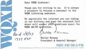 1977 QSL: WQXR, Radio Station of the New York Times, New York, USA - Picture 1 of 1