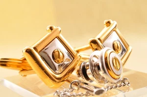 Near mint Dunhill Vintage tie bar square cufflinks gold, silver color brand case - Picture 1 of 18