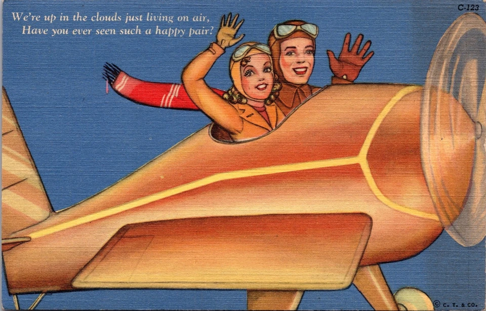 Tarjeta postal de lino Pinup Girl Aviatrix Curt Teich Flying Comics C-123 1942 Foto 1 de 2