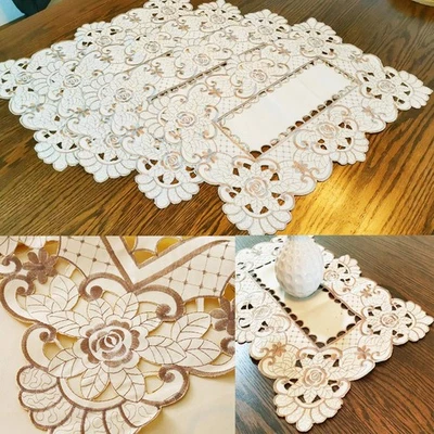 Set of 4 Flower Embroidered Placemats, Oblong Brown Flower Rose Lunchmats Pla... - Image 1 of 4