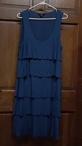 George Sleeveless Long Navy Blue Dress Ruffles Scoop Neck Womens Size L 12-14 - Picture 1 of 3