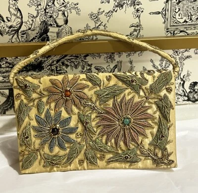 Vtg Flower Silk Purse W/Gold Thread Wire And Genuine Gemstones - Image 1 of 4