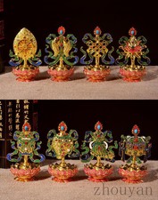 BLESS 8 IN 1 GILT ENAMEL STATUES! BUDDHISM ALTAR : 8 TREASURES BUDDHA MERITS 