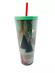 NWT STARBUCKS TUMBLER 24 oz cup 2020 Vtg Retro Christmas Tree Mint Green Glitter - Picture 1 of 15