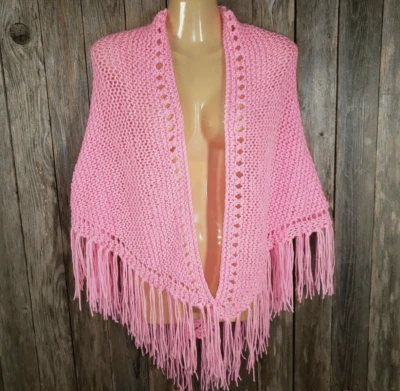NEW Bright Pink Hand Knitted Shawl Wrap Scarf Boho Hippie Knit Handmade Fringed - Image 1 of 4
