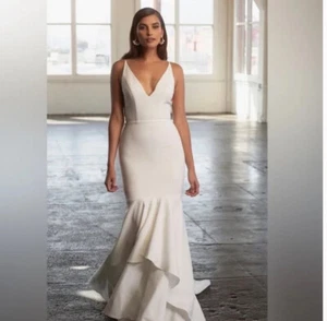 Sarah Seven Viv 14 White Fit & Flare Wedding Dress V Front/Back Side Illusion - Picture 1 of 13