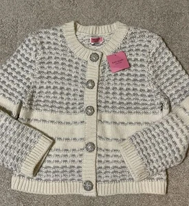 NEW W/TAG! Kate Spade Jewel Button Textured Cream & Silver Cardigan $328~ Medium - Picture 1 of 12