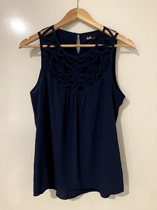 Dotti womens tank top size S navy blue lace sleeveless round neck floral cutout - Picture 1 of 4