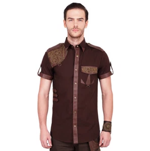 Vintage Goth Steampunk Hemd Shirt Herren Gothic braun Baumwolle kurzarm VG16397 - Bild 1 von 4